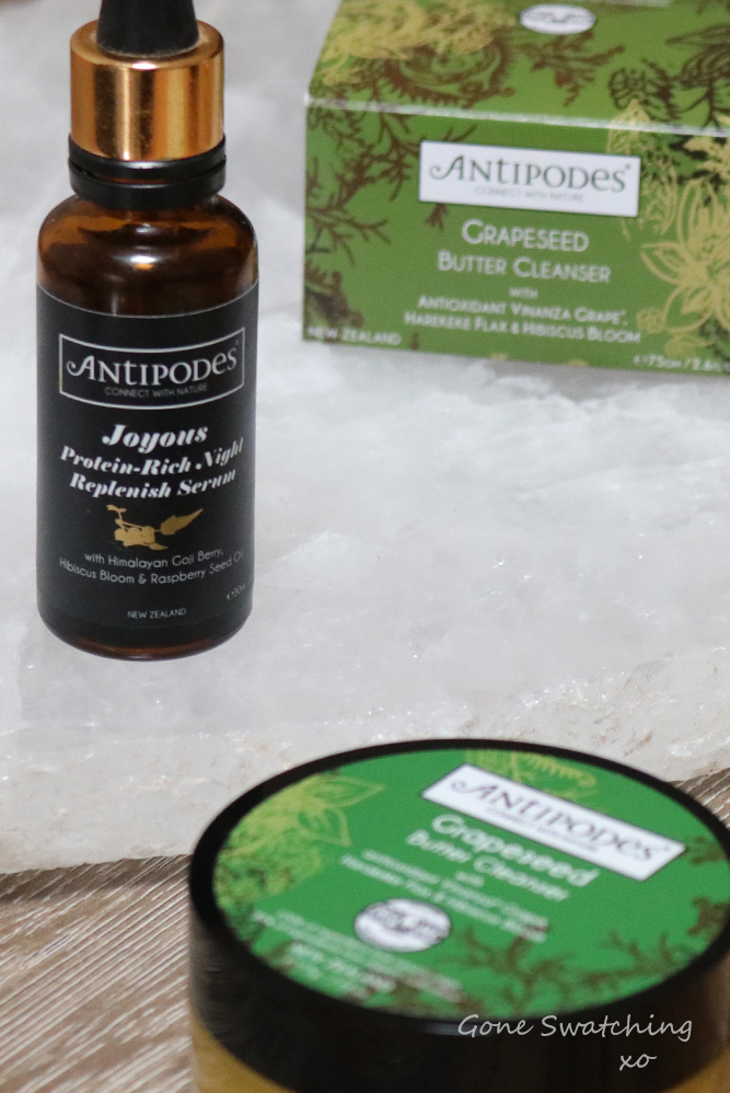 Antipodes natural skincare review. Joyous Night Replenish Serum &amp; Grapeseed Butter Cleanser. Green Beauty Blogger Gone Swatching xo