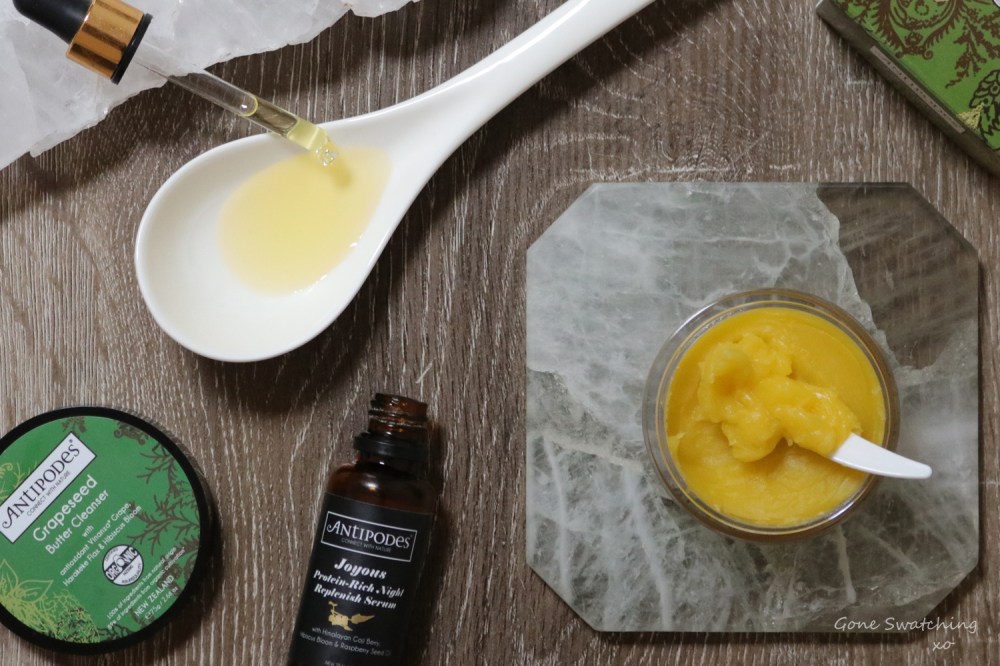 Antipodes skincare review. Joyous Night Replenish Serum &amp; Grapeseed Butter Cleanser. Gone Swatching xo