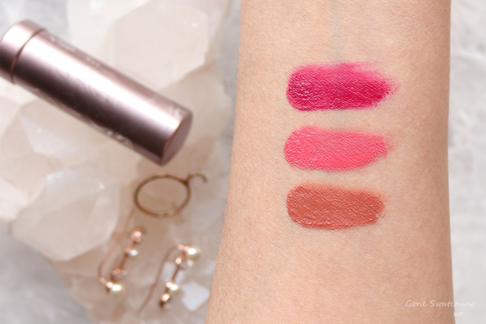 100% Pure Fruit Pigmented Cocoa Butter Matte Lipstick Review & Arm Swatches. Strawberry Cactus, Protea & Sandstone. Gone Swatching xo