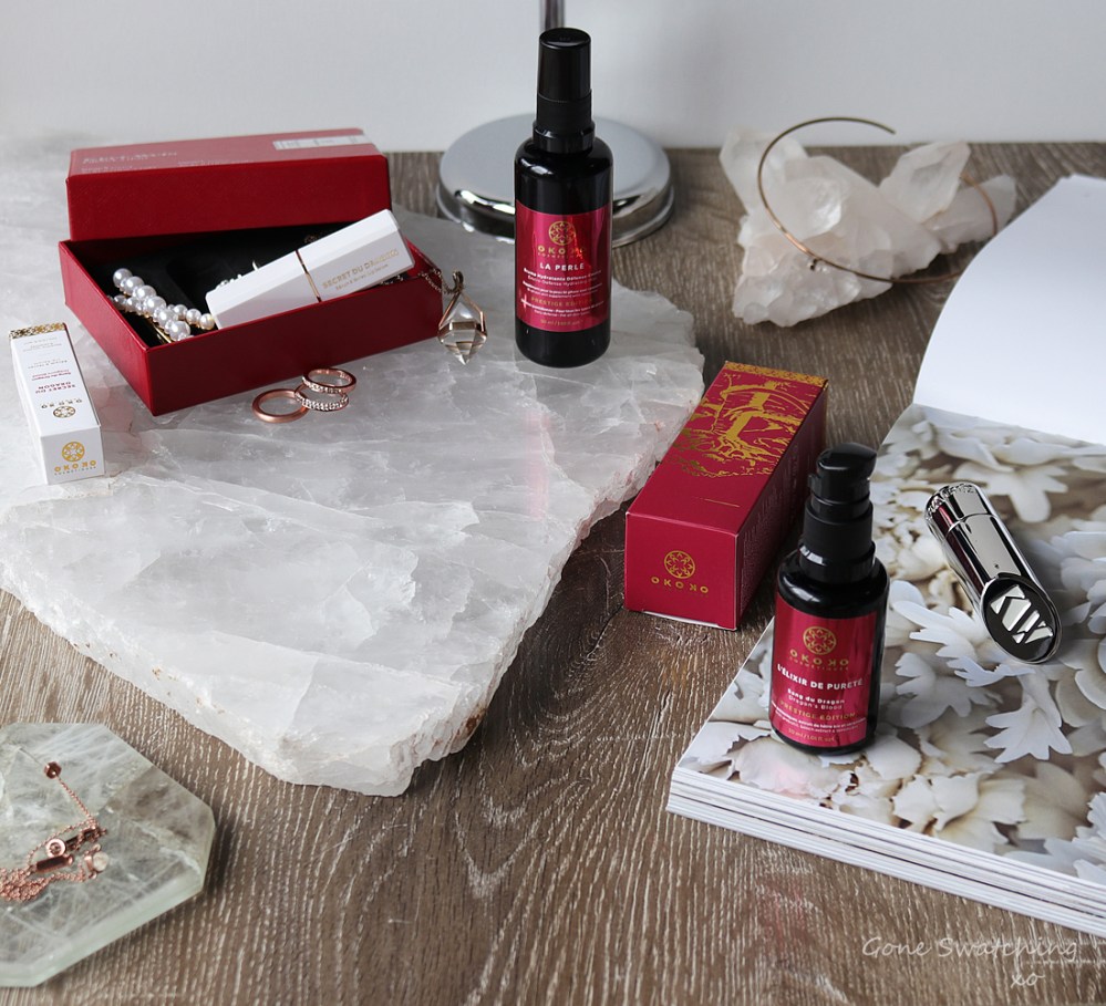 Okoko Cosmetiques Skincare Review. Red label. L'elixir de purete, Enviro-Defense Spray Serum, moisturising renewal lip serum. Gone Swatching xo