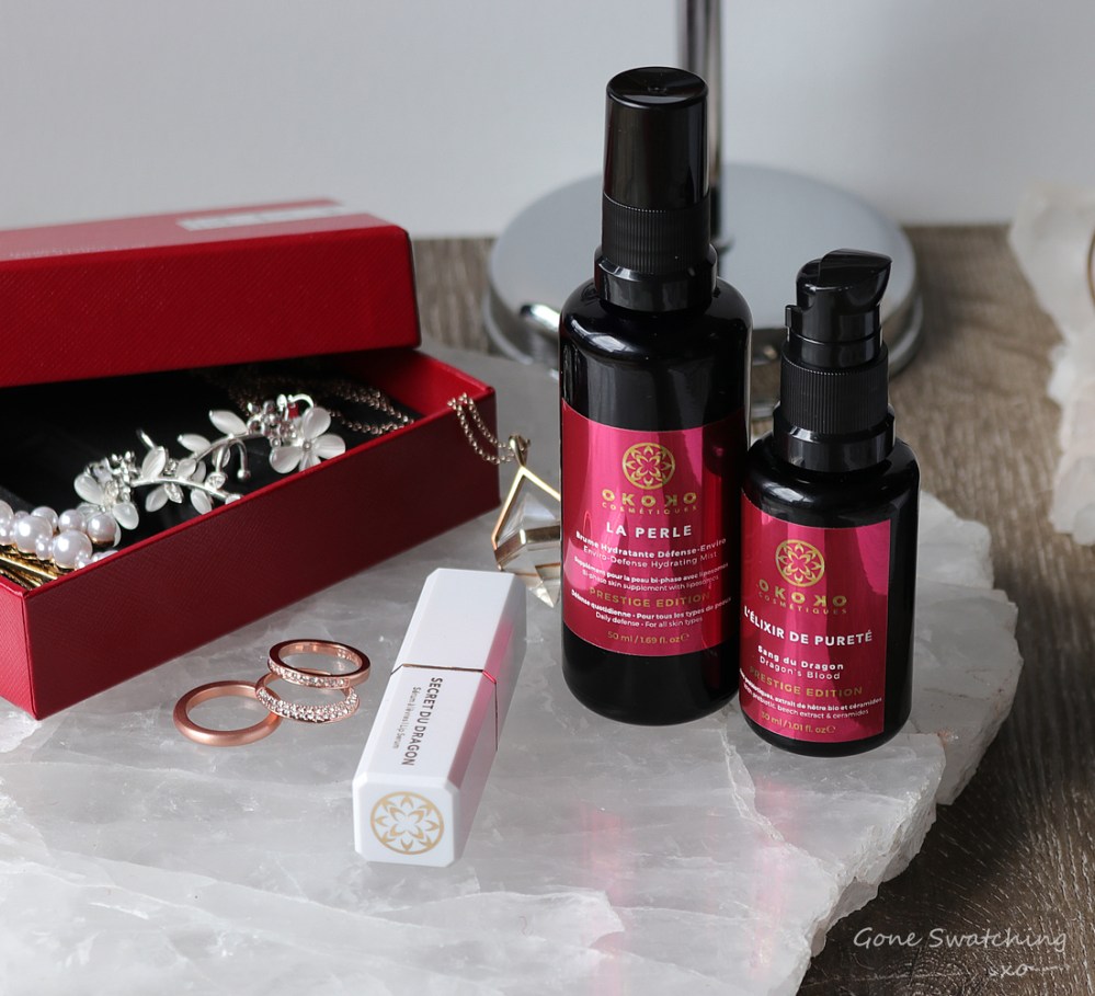 Okoko Cosmetiques Skincare Review. Red label. L'elixir de purete, sang du dragon. Defense spray serum, lip serum. Gone Swatching xo