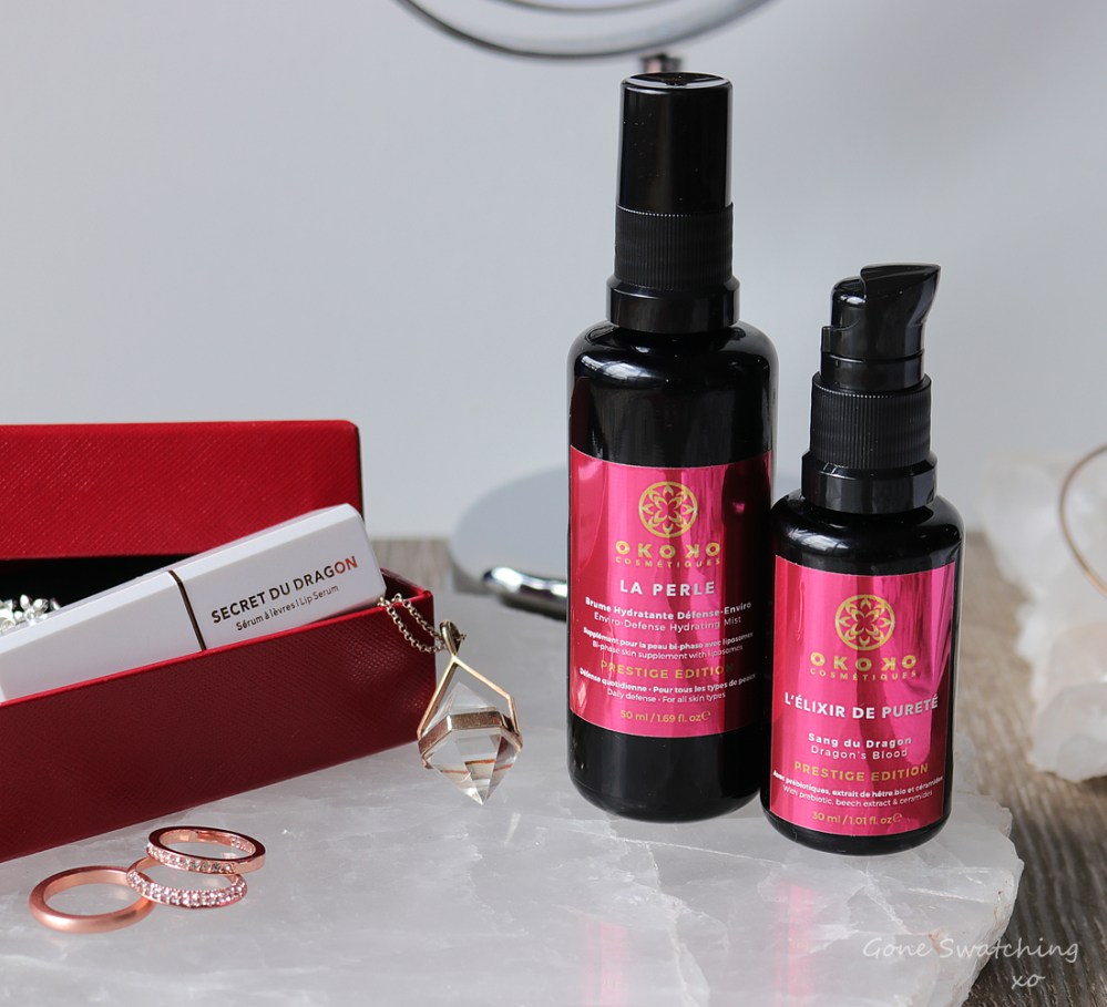 Okoko Cosmetiques Skincare Review. Red label. Prestige Edition. L'elixir de purete, Enviro-Defense Spray Serum, moisturising renewal lip serum. Gone Swatching xo