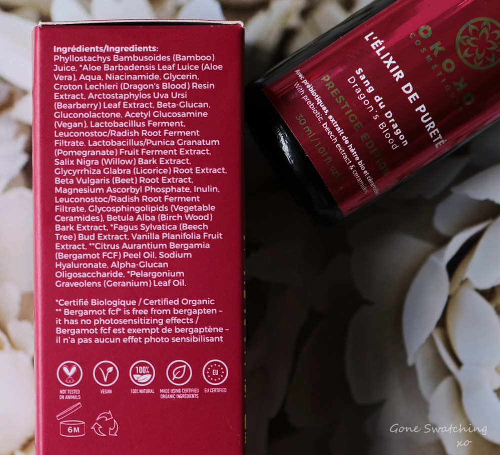 Okoko Cosmetiques Skincare Review. Red label. Prestige Edition. L'elixir de purete, sang du dragon ingredients. Gone Swatching xo
