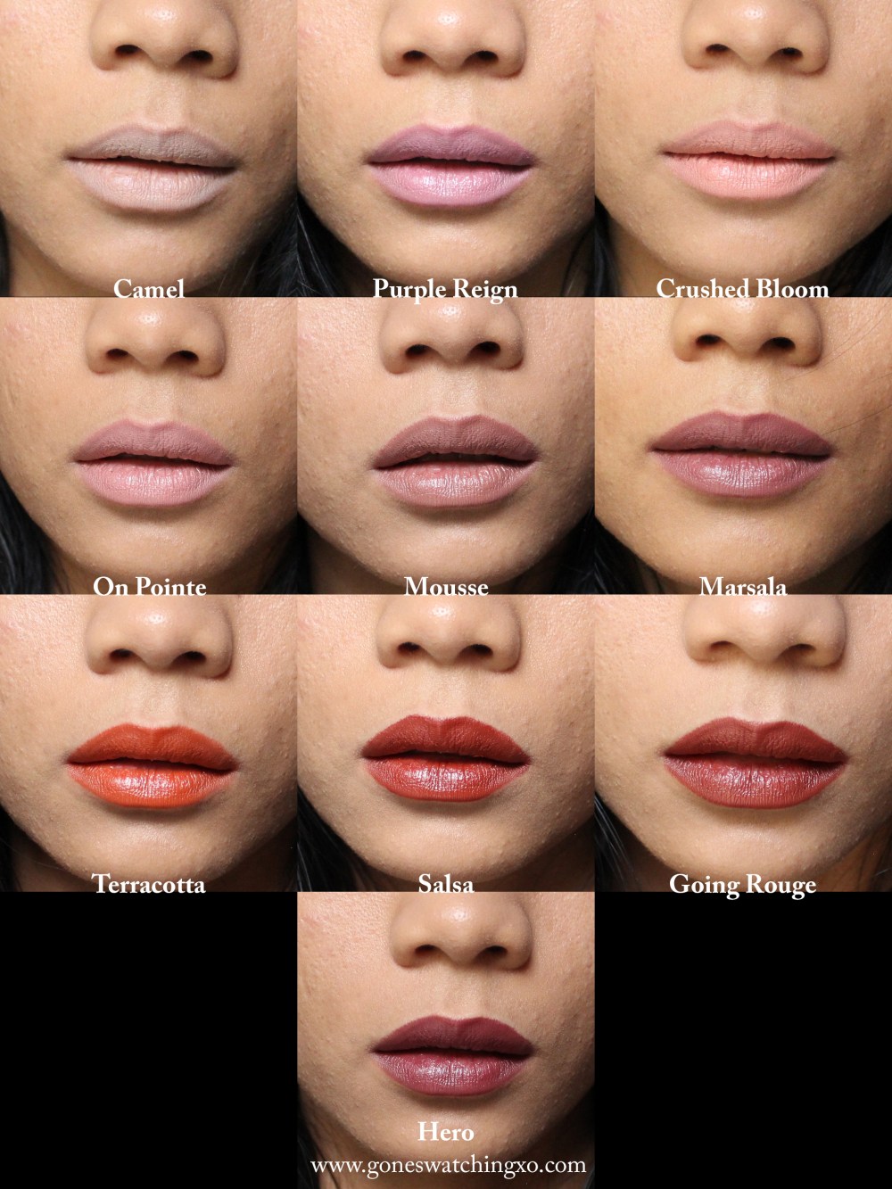 Au Naturale su-stain Swatches. Camel, Purple Reign, Crushed Bloom, Mousse, On Pointe, Marsala, Terracotta, Salsa, Going Rouge, Hero. Gone Swatching xo