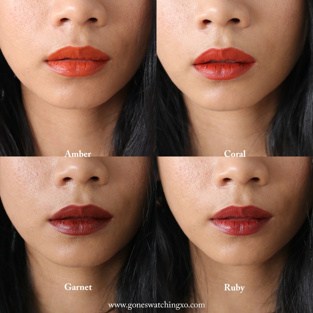 Beautifek Titanium dioxide & mica free Lipstick Swatches. Amber, Coral, Garnet & Ruby. Australian Organic Beauty Blogger Gone Swatching xo