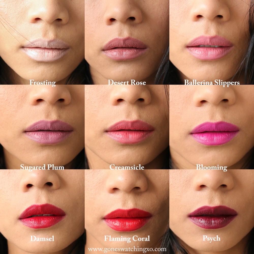 Clove+Hallow Lipstick Swatches. Frosting, Desert Rose, Ballerina Slippers, Sugared Plum, Creamsicle, Blooming, Damsel, Flaming Coral & Pysch. Gone Swatching xo