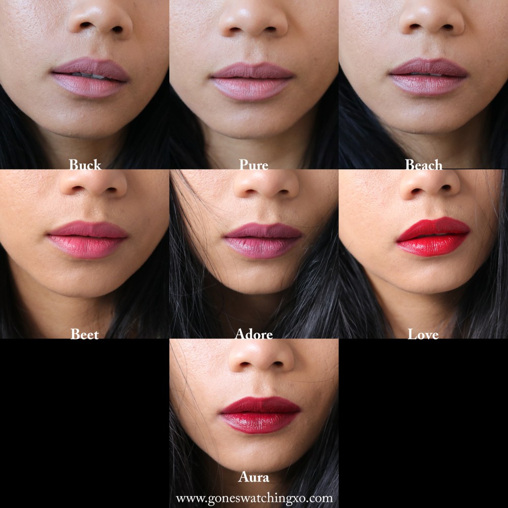 Fitglow Lip Colour Cream Swatches. Buck, Pure, Beach, Beet, Adore, Love & Aura. Australian Organic Beauty Blogger Gone Swatching xo
