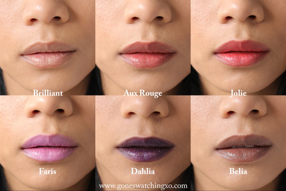 Gressa Skin Lip Boost Swatches. Brilliant, Aux Rouge, Jolie, Faris, Dahlia & Belia. Australian Organic Beauty Blogger Gone Swatching xo