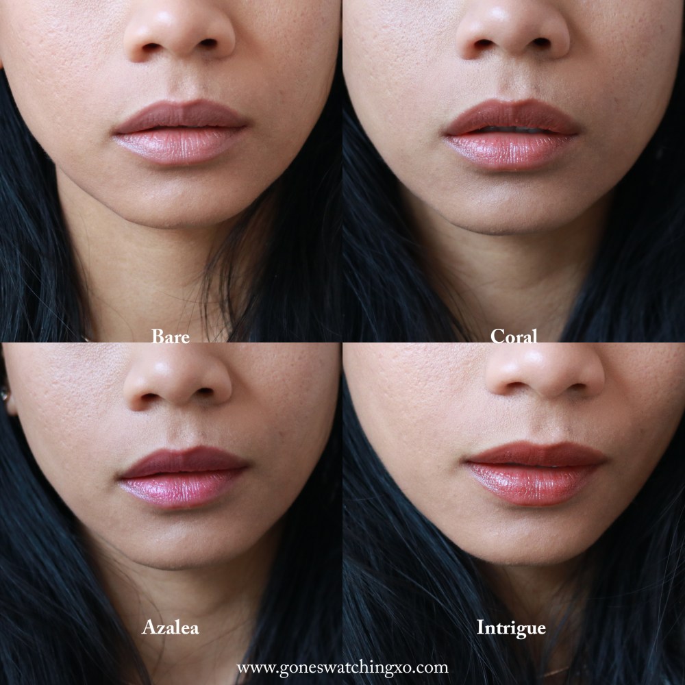 Henne Luxury Lip Balm Swatches. Bare, Coral, Azalea & Intrigue. Australian Organic Beauty Blogger Gone Swatching xo
