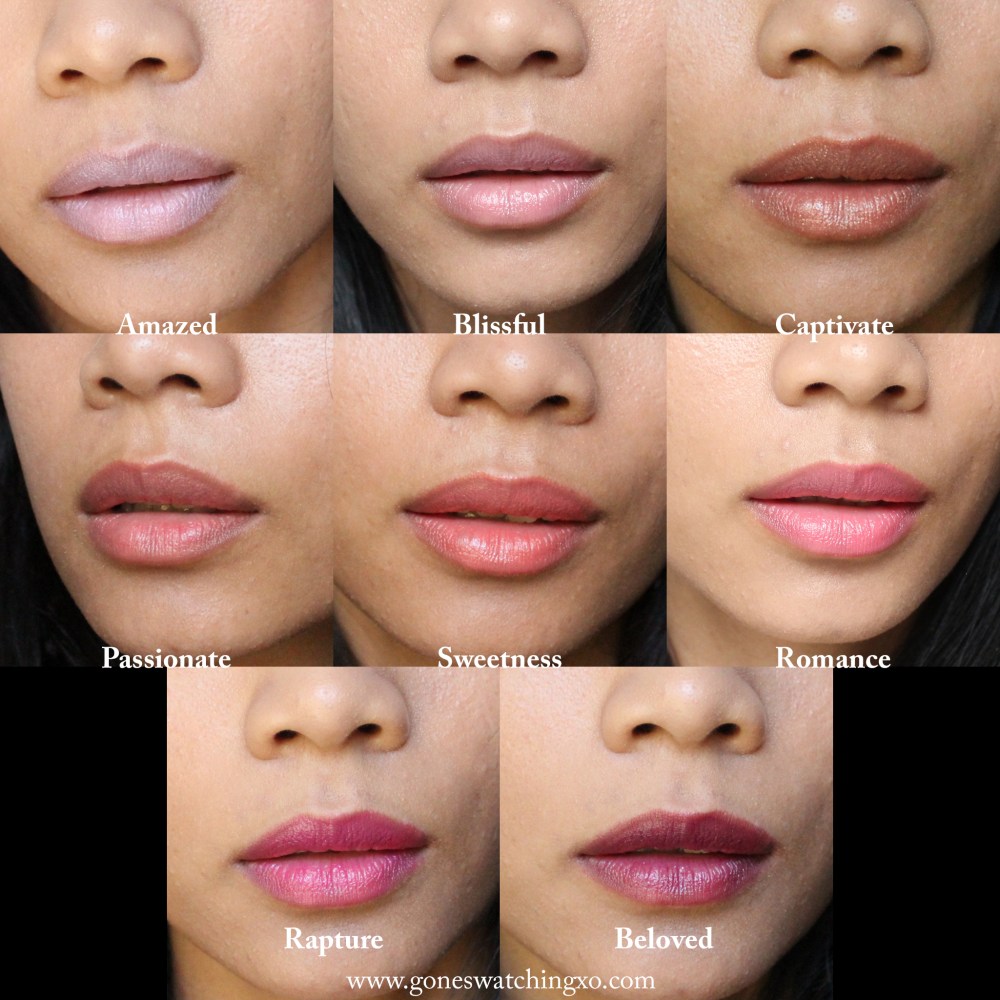 Kjaer Weis Lip Tint Swatches. Amazed, Blissful, Captivate, Passionate, Sweetness, Romance, Rapture & Beloved. Australian Organic Beauty Blogger Gone Swatching xo