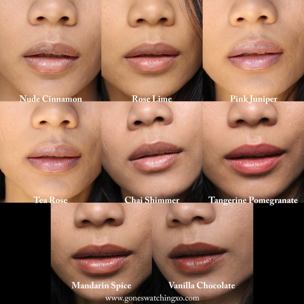 Luk Beautifood Lipstick Swatches. Nude Cinnamon, Rose Lime, Pink Juniper, Tea Rose, Chai Shimmer, Tangerine Pomegranate, Mandarin Spice & Vanilla Choc. Beauty Blogger Gone Swatching xo