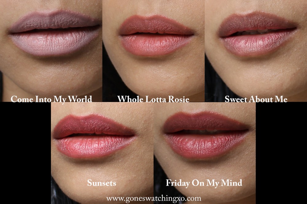 Neek Skin Organics Lipstick Swatches. Come Into My World, Whole Lotta Rosie, Sweet About Me, Sunsets & Friday on My Mind. Australian Organic Beauty Blogger Gone Swatching xo
