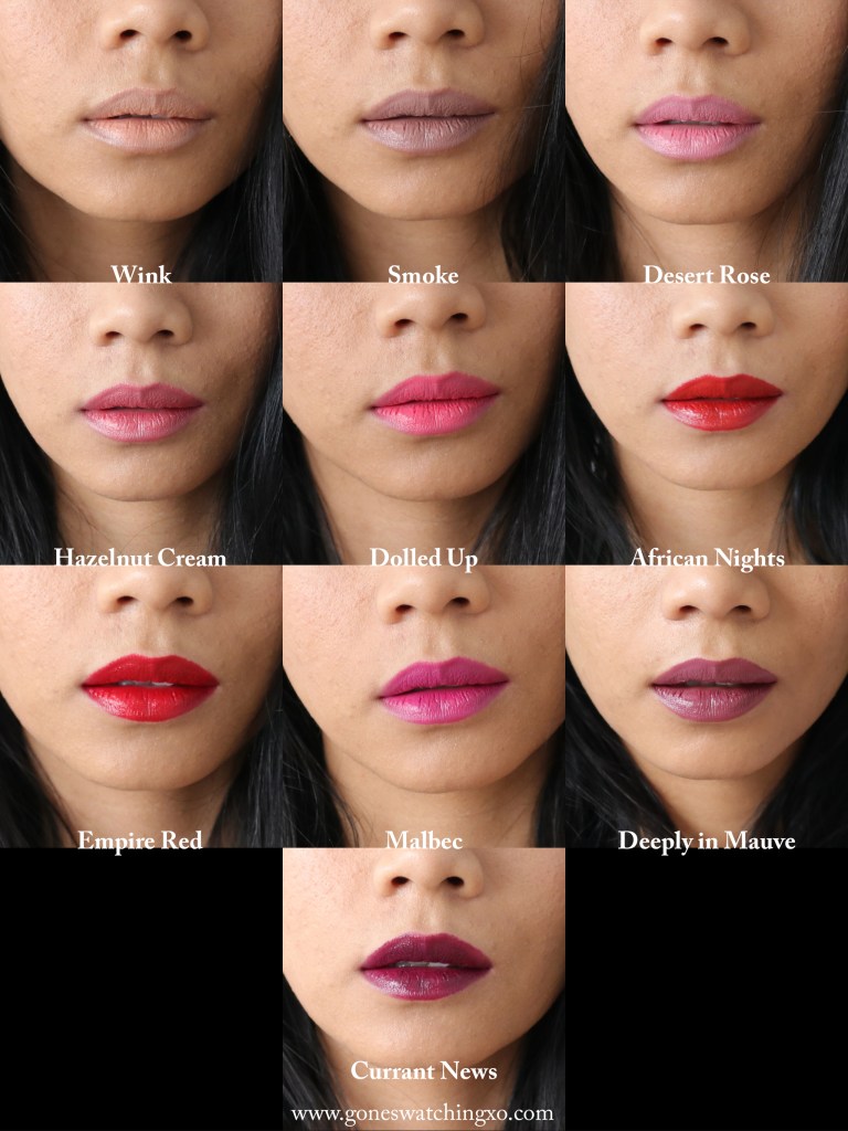 Noyah Cosmetics Lipstick Swatches. Wink, Smoke, Desert Rose, Hazelnut Cream, Dolled Up, African Nights, Empire Red, Malbec, Deeply in Mauve & Currant News. Blogger Gone Swatching xo