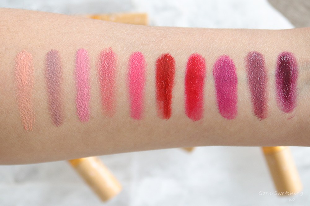 Noyah Lipstick Swatches. Wink, Smoke, Desert Rose, Hazelnut Cream, Dolled Up, African Nights, Empire Red, Malbec, Deeply in Mauve & Currant News. Gone Swatching xo