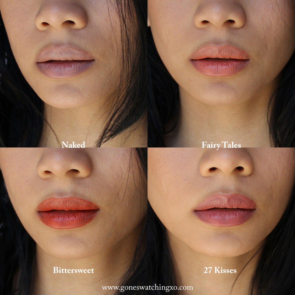 Nudus Lip Euphoria Lipstick Swatches. Naked, Fairy Tales, Bittersweet & 27 Kisses. Australian Organic Beauty Blogger Gone Swatching xo