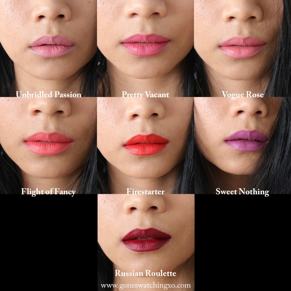 RMS Beauty Wild with Desire Lipstick Swatches. Unbridled Passion Pretty Vacant Vogue Rose, Flight of Fancy, Firestarted, Sweet Nothing, Russian Roulette. Beauty Blogger Gone Swatching xo