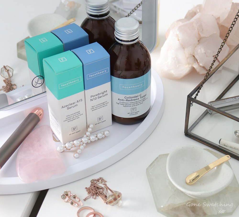 Facetheory Skincare Review. Azeclear Azelaic Acid Serum A15, Colloidal-C Anti-Redness Toner T3 &amp; Porebright Serum N10. Gone Swatching xo