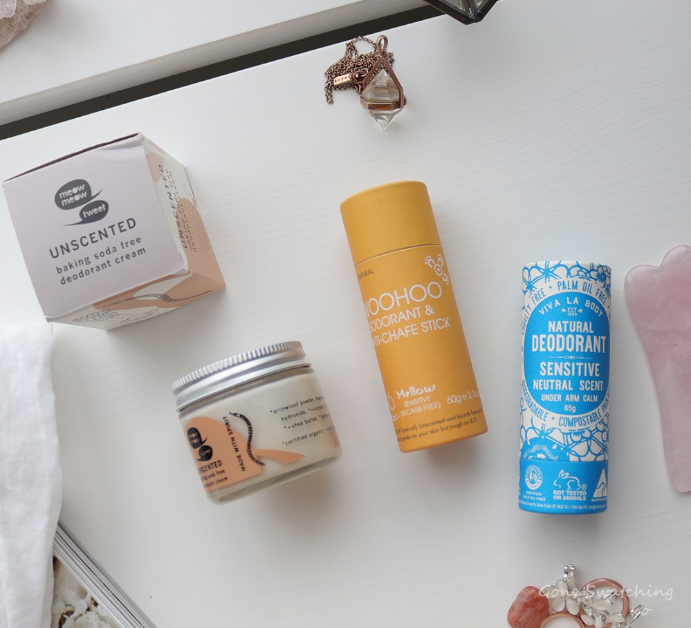 My List of Natural, Non-toxic, Fragrance Free & Unscented, Bi-Carb Soda Free, Aluminim Free, Low & No Waste Deodorant. Green Beauty Blogger Gone Swatching xo