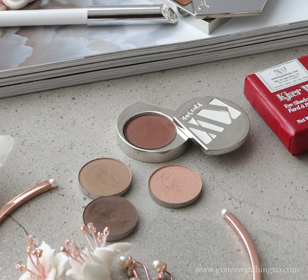 Kjaer Weis Makeup Review &amp; Swatches. Eye Pencil, Eye Shadows in Charmed, Grace, Earthy Calm &amp; Generosity, Bronzer, Powder &amp; Affection Lipstick. Gone Swatching xo